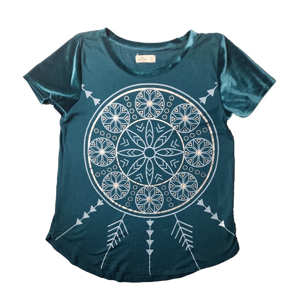 Hollister Women Geometric Short Velvet Sleeve T-Shirt Green Size L Boho Western‎
